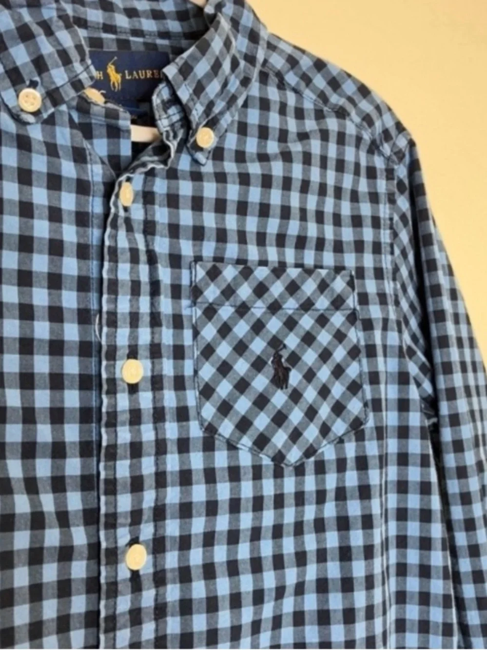 Boys Ralph Lauren blue checked plaid long sleeve cotton button down shirt 6